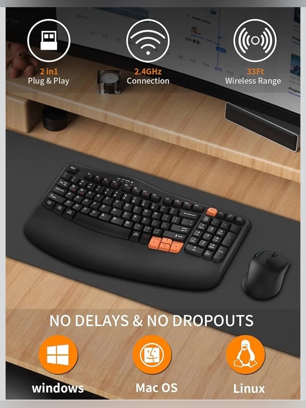 RECCAZR || Ergonomic Wireless Keyboard with Orange Accent Keys